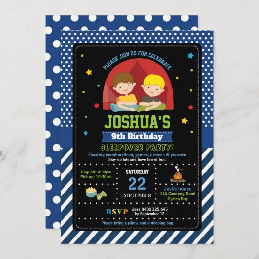 Sleepoverのパーティーの誕生日の招待状の男の子のキャンプ 招待状 (正面/裏面)