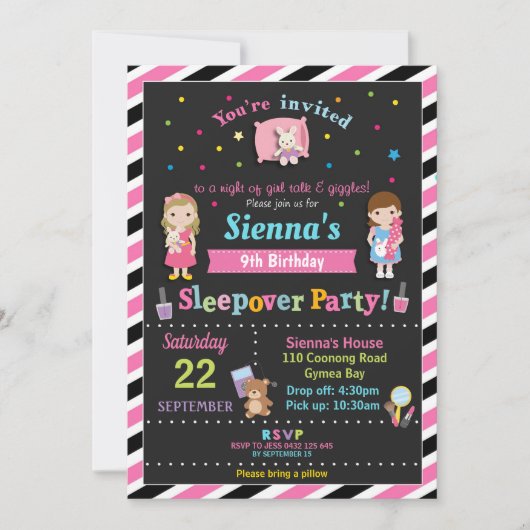 Sleepoverの誕生会の眠りの女の子 招待状 (正面)