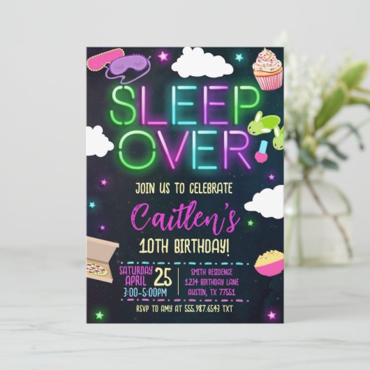 Sleepover Birthday Neon Slumber Party 招待状 (スタンド正面)