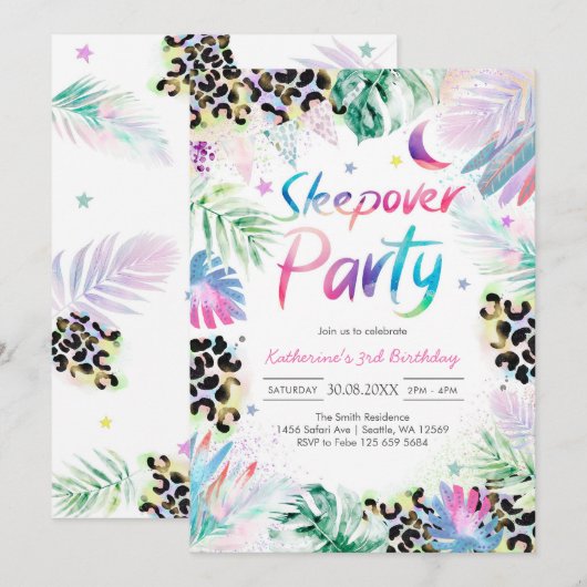 Sleepover Leopard Party Birthday Invitation 招待状 (正面/裏面)