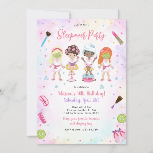 Sleepover Party Girl Spa Pink Birthday Invitation 招待状 (正面)