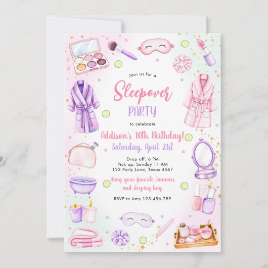 Sleepover Party Girl Spa Pink Birthday Invitation 招待状 (正面)