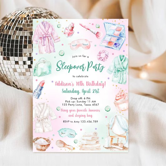 Sleepover Party Girl Spa Pink Birthday Invitation 招待状
