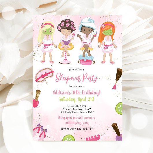 Sleepover Party Girl Spa Pink Birthday Invitation 招待状