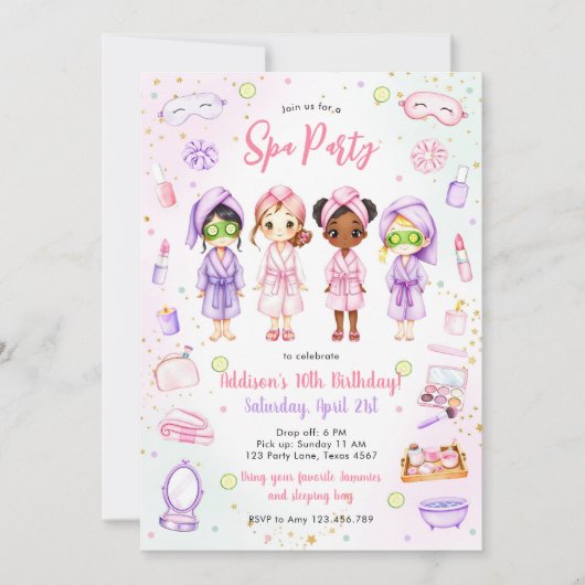 Sleepover Party Girl Spa Pink Birthday Invitation 招待状 (正面)