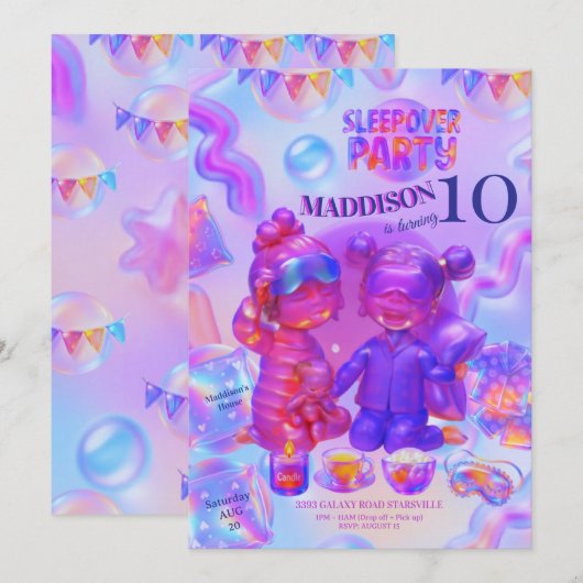 Sleepover Party Invitation | Girl Pajama Birthday 招待状 (正面/裏面)