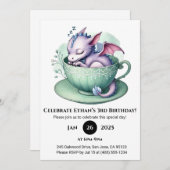 Sleepy Baby Dragon in Teacup Birthday 招待状 (正面/裏面)