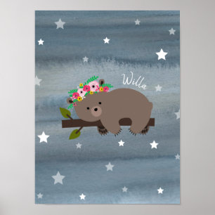 Sleepy Bear Cub Watercolor Floral Baby Nursery ポスター