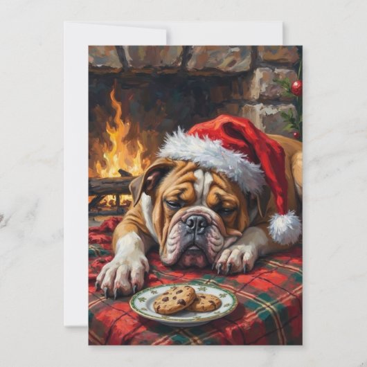 Sleepy Bulldog Dog Fast Asleep Santa Hat Christmas シーズンカード (正面)