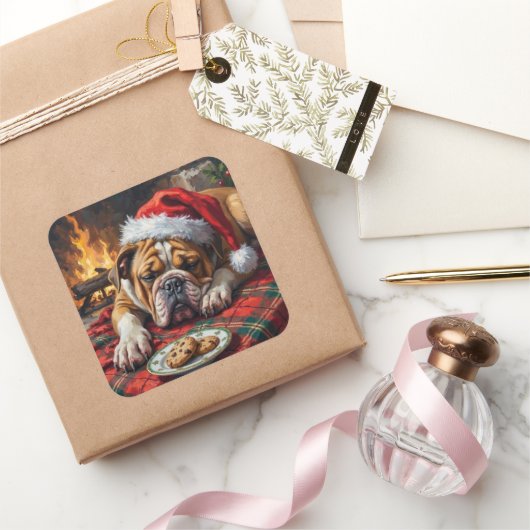 Sleepy Bulldog Dog Fast Asleep Santa Hat Christmas スクエアシール (ギフト)