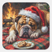 Sleepy Bulldog Dog Fast Asleep Santa Hat Christmas スクエアシール (正面)
