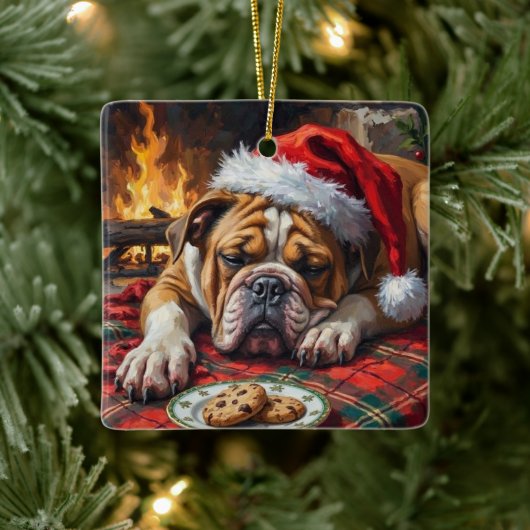 Sleepy Bulldog Dog Fast Asleep Santa Hat Christmas セラミックオーナメント (ツリー)