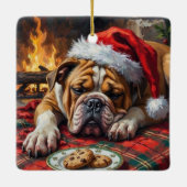 Sleepy Bulldog Dog Fast Asleep Santa Hat Christmas セラミックオーナメント (裏面)