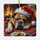 Sleepy Bulldog Dog Fast Asleep Santa Hat Christmas セラミックオーナメント (正面)
