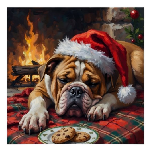 Sleepy Bulldog Dog Fast Asleep Santa Hat Christmas ポスター (正面)