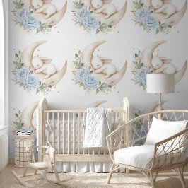 Sleepy Bunny Rabbit Moon Blue Floral Nursery 壁紙