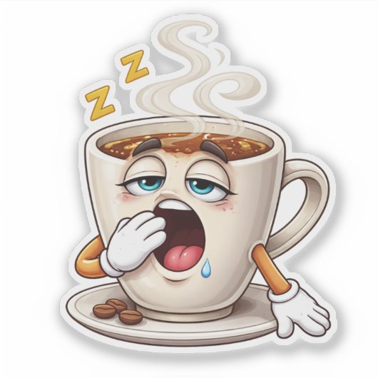 Sleepy Cartoon Coffee Cup Custom-Cut Vinyl Sticker シール (正面)