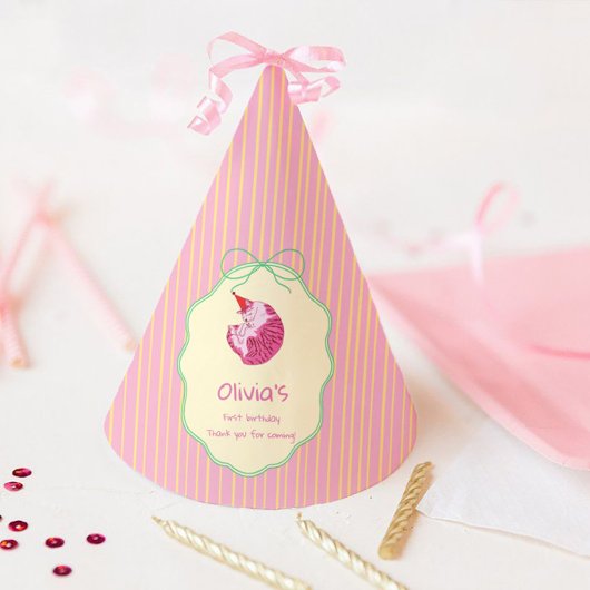 Sleepy Cat 1st Birthday Yellow Stripes パーティーハット