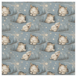 Sleepy Cats Under Starry Sky Cozy Blue Pattern ファブリック