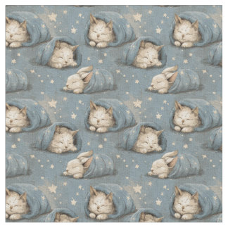 Sleepy Cats Under Starry Sky Cozy Blue Pattern ファブリック