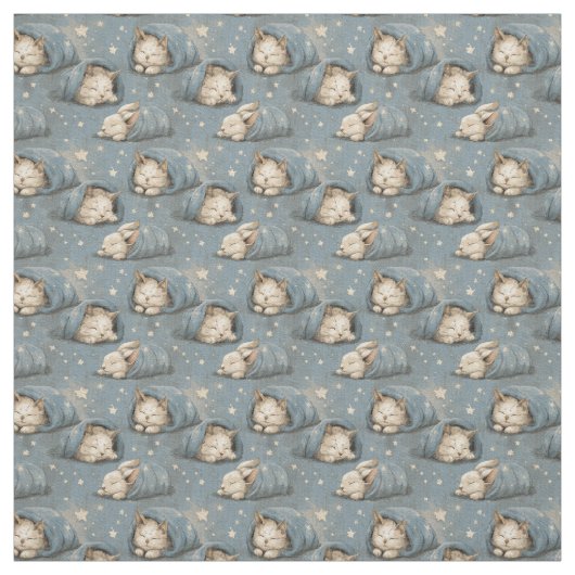 Sleepy Cats Under Starry Sky Cozy Blue Pattern ファブリック (見本)