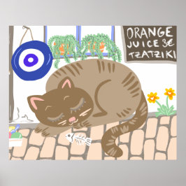 Sleepy Greek Taverna Cat Mediterranean Scene ポスター