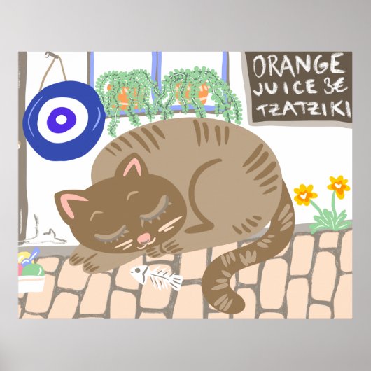 Sleepy Greek Taverna Cat Mediterranean Scene ポスター (正面)