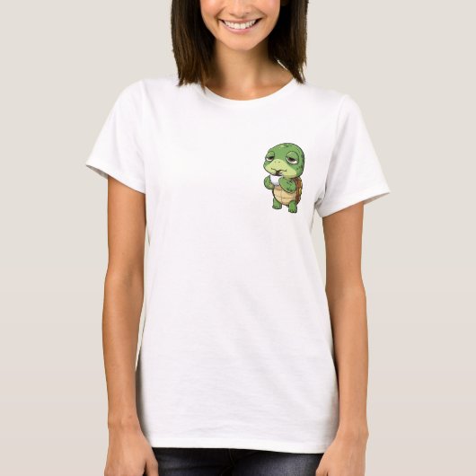 Sleepy Green Turtle Sipping Dark Coffee Tシャツ (正面)