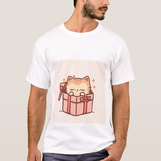 Sleepy Kawaii Ginger Cat in Pink Gift Box ✨💤 Tシャツ (正面)