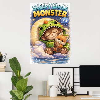 Sleepy Little Monster Cute Dino Poster ポスター
