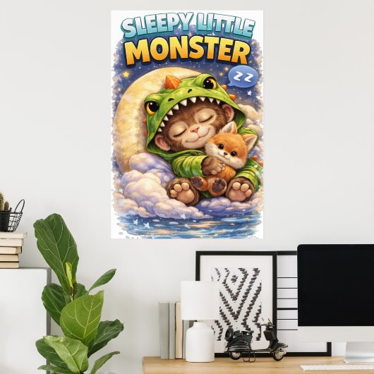 Sleepy Little Monster Cute Dino Poster ポスター (ホームオフィス)