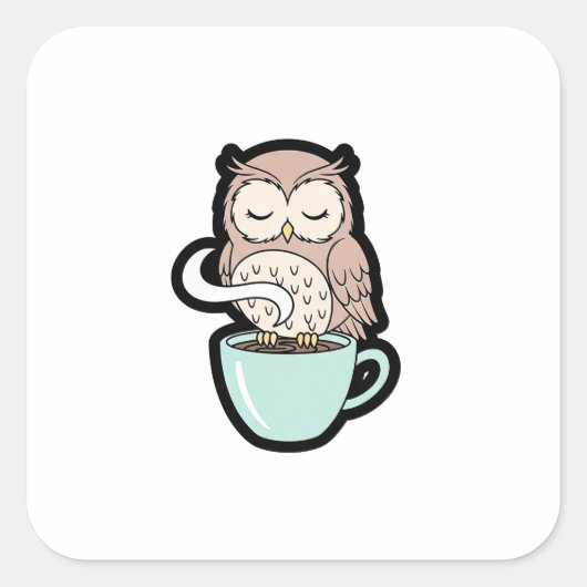 Sleepy Owl on Coffee – Cute Cozy Illustration スクエアシール (正面)
