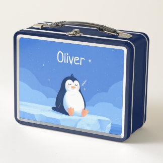 Sleepy Penguin, Boys, Personalized Blue  メタルランチボックス