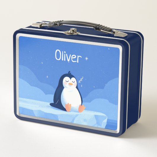 Sleepy Penguin, Boys, Personalized Blue  メタルランチボックス (正面)