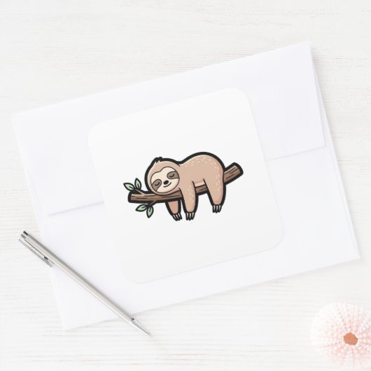 Sleepy Sloth – Cute Kawaii Illustration スクエアシール (封筒)