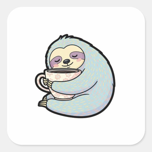 Sleepy Sloth with Coffee – Cute Cozy Illustration スクエアシール (正面)