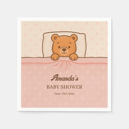 Sleepy Teddy Bear Light Pink Baby Shower スタンダードカクテルナプキン (正面)
