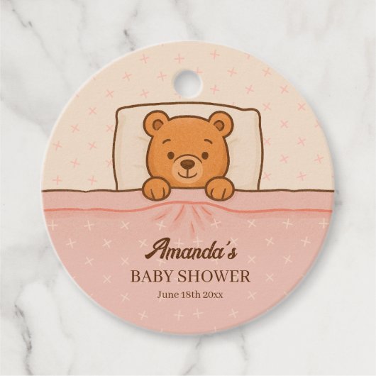 Sleepy Teddy Bear Light Pink Baby Shower フェイバータグ (正面)