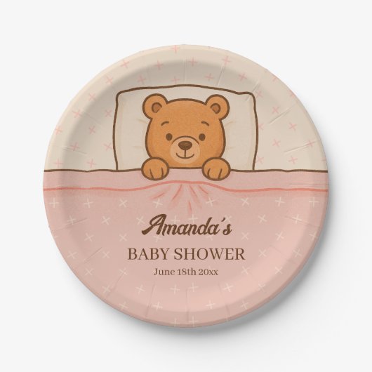 Sleepy Teddy Bear Light Pink Baby Shower ペーパープレート (正面)