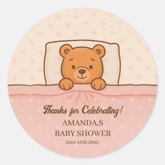 Sleepy Teddy Bear Light Pink Baby Shower ラウンドシール (正面)