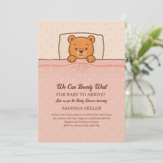 Sleepy Teddy Bear Light Pink Baby Shower 招待状 (スタンド正面)