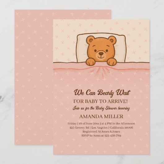 Sleepy Teddy Bear Light Pink Baby Shower 招待状 (正面/裏面)