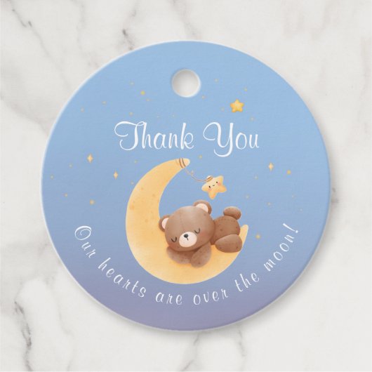 Sleepy Teddy Bear Moon Soft Blue Baby Shower フェイバータグ (正面)