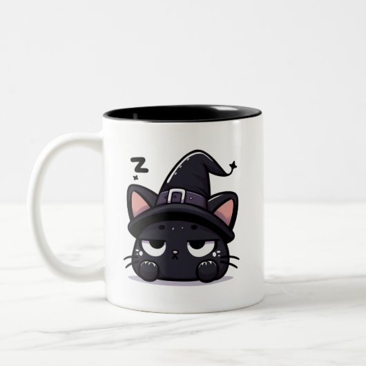 Sleepy Witch Cat Head | Halloween Mug Two-Sided Co ツートーンマグカップ (左)