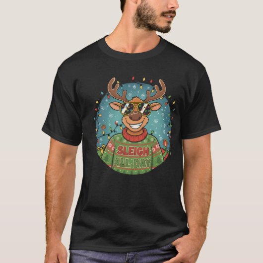 "Sleigh All Day" サングラスをかけたトナカイTシャツ Tシャツ (正面)