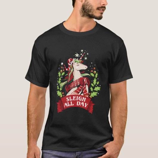 Sleigh All Day Santa Unicorn Tシャツ (正面)