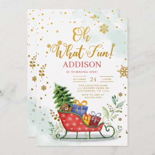 Sleigh Oh何おもしろい冬1st誕生日招待状 招待状 (正面/裏面)