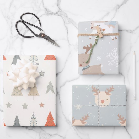 Sleigh Reindeer Pine Trees Pattern wrapping sheet ラッピングペーパーシート (正面)