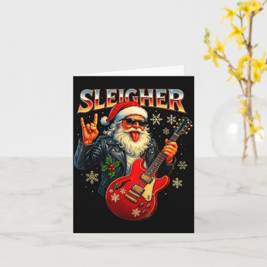 Sleigher Rock Santa Funny Metal Christmas Design カード (黄色い花)