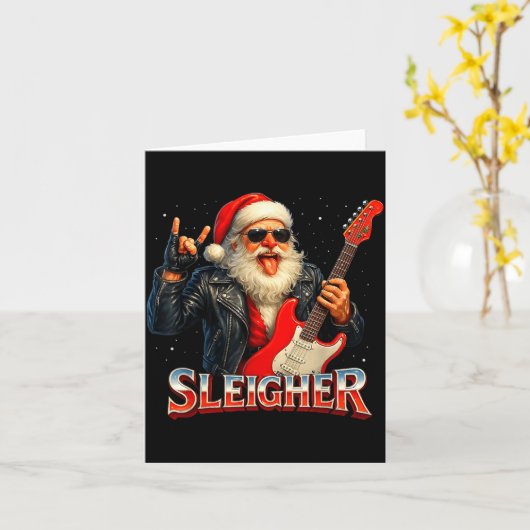 Sleigher Rock Santa Funny Metal Christmas Design  カード (黄色い花)